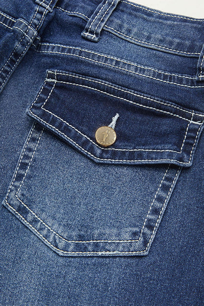 Wash Mid Waist Buttoned Hem Bootcut Jeans Without Belt