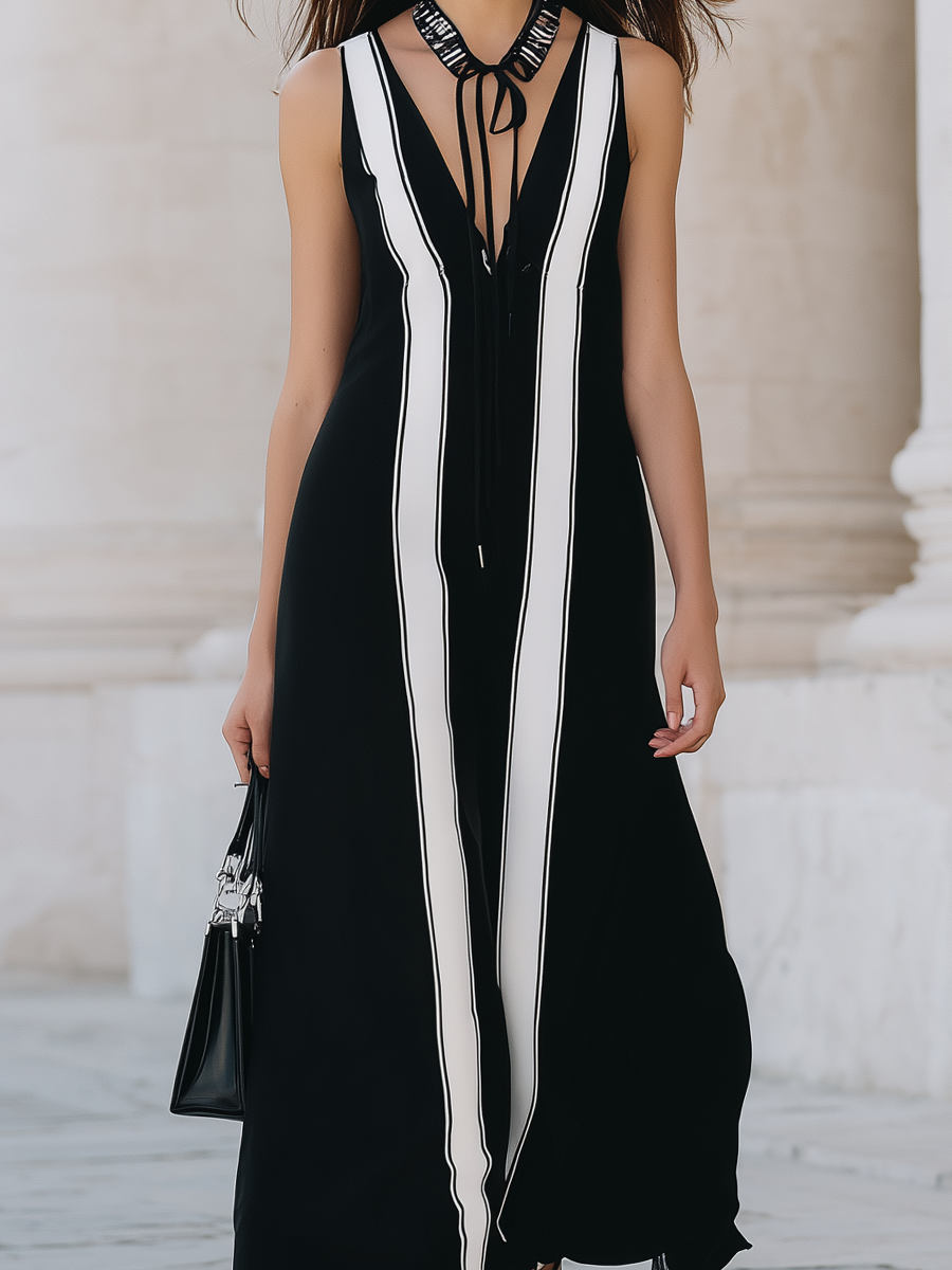 Robe longue noire sans manches avec empiècements à rayures noires et blanches.