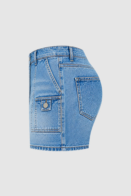 Wash Patch Pocket Mid Rise Denim Shorts Without Belt