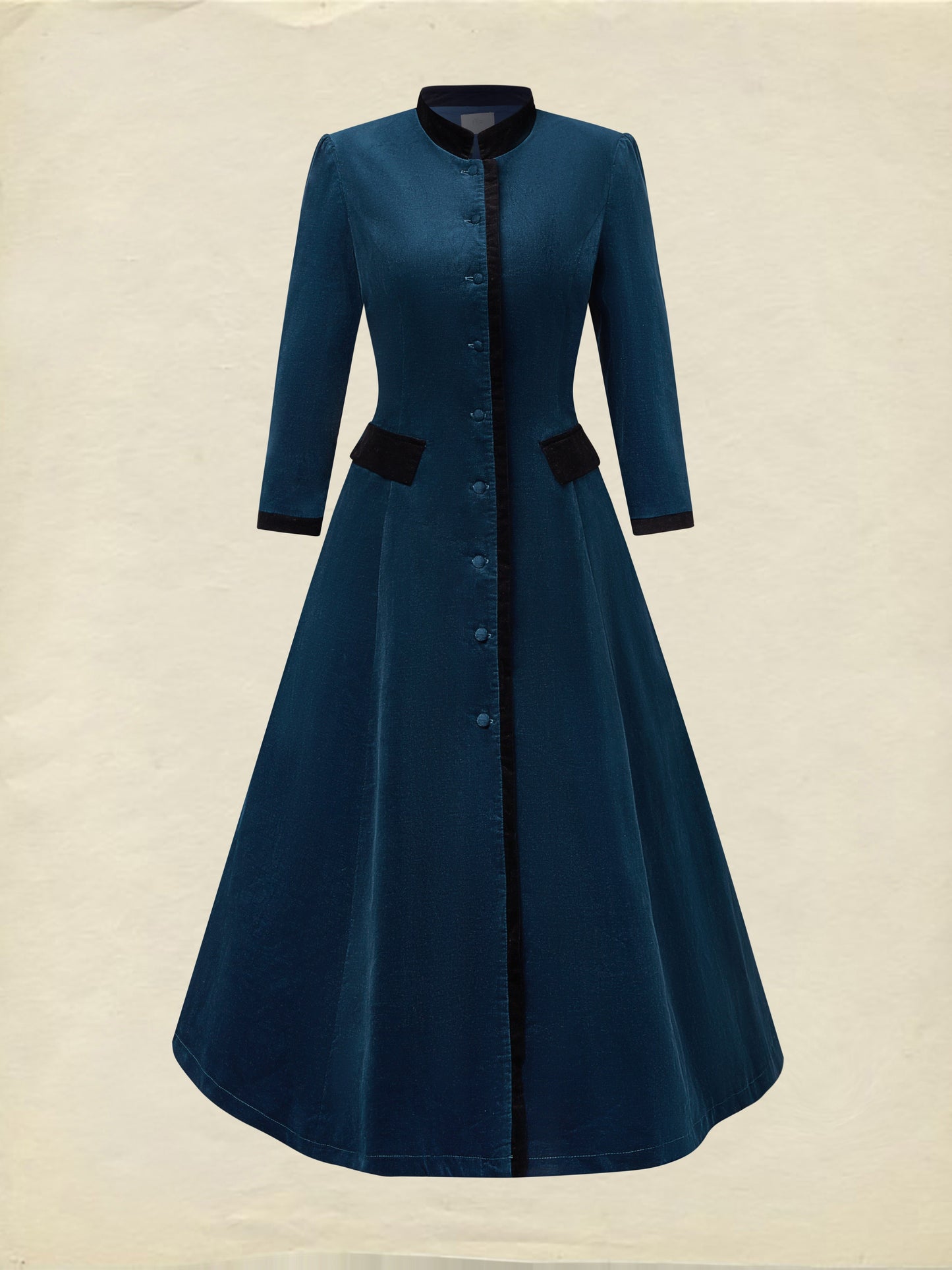 Robe midi en coton, manches mi-longues, col montant, unie, boutonnée, vintage, bleu profond