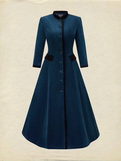 Robe midi en coton, manches mi-longues, col montant, unie, boutonnée, vintage, bleu profond