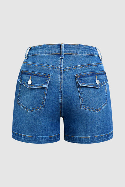 Wash Flap Pocket Mid Rise Denim Shorts
