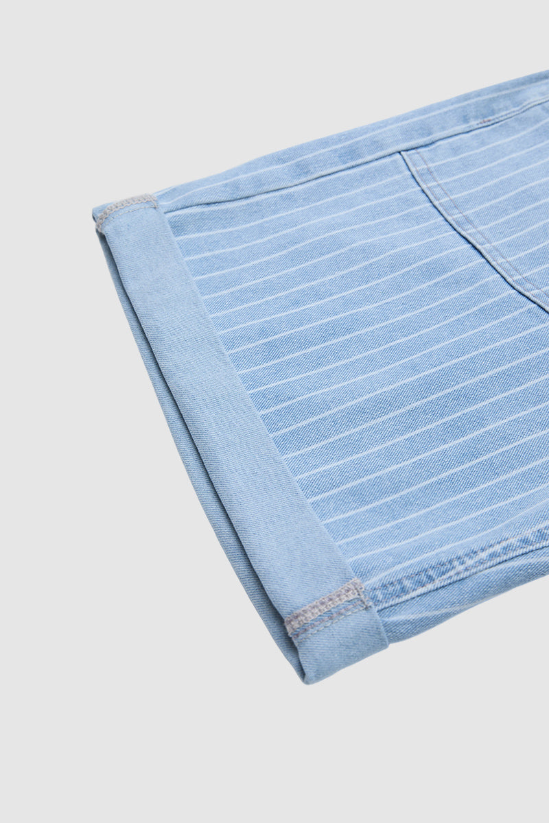 Pinstriped Roll Hem Mid Waist Denim Mid Thigh Shorts