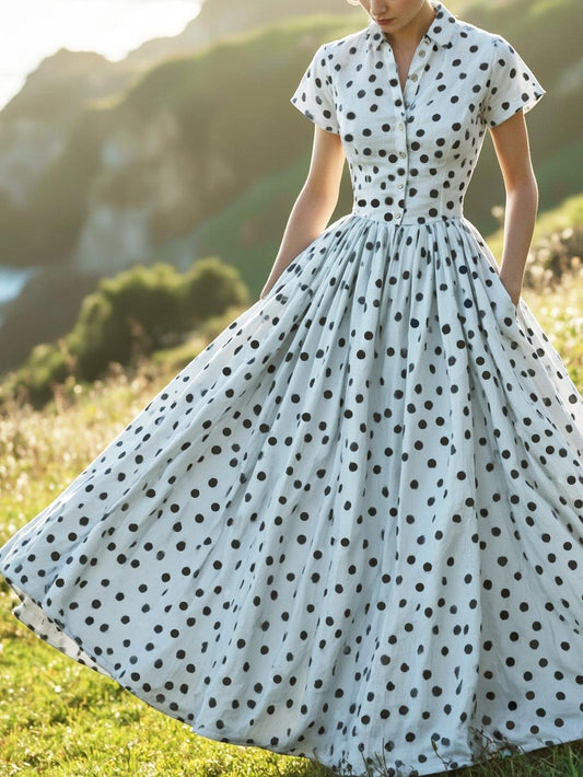 Robe longue en coton, manches courtes, col châle, à pois, vintage, blanche