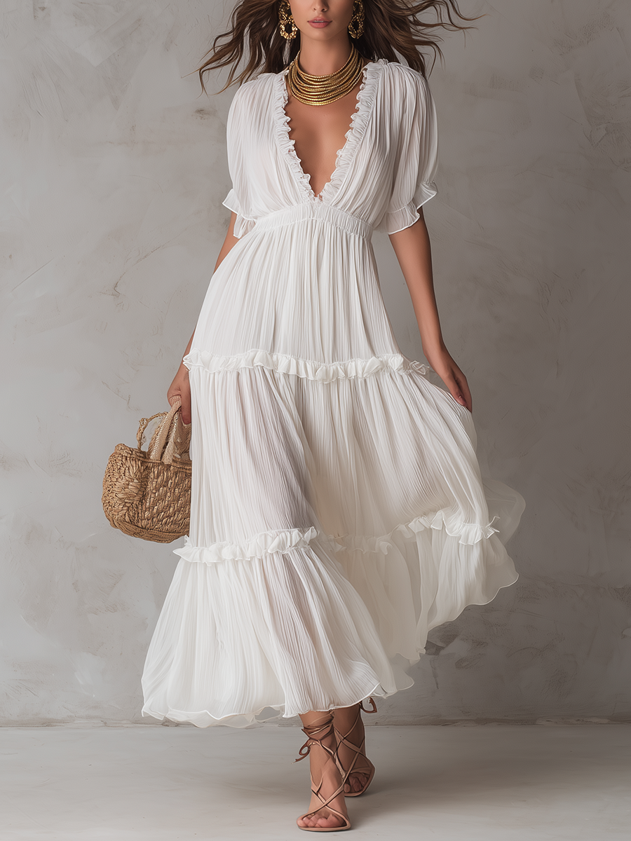 Robe longue bohème plissée col en V gracieuse