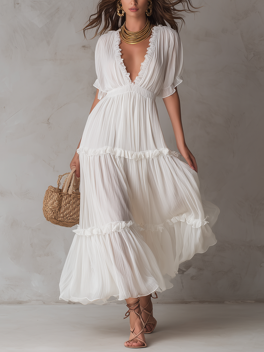 Robe longue bohème plissée col en V gracieuse