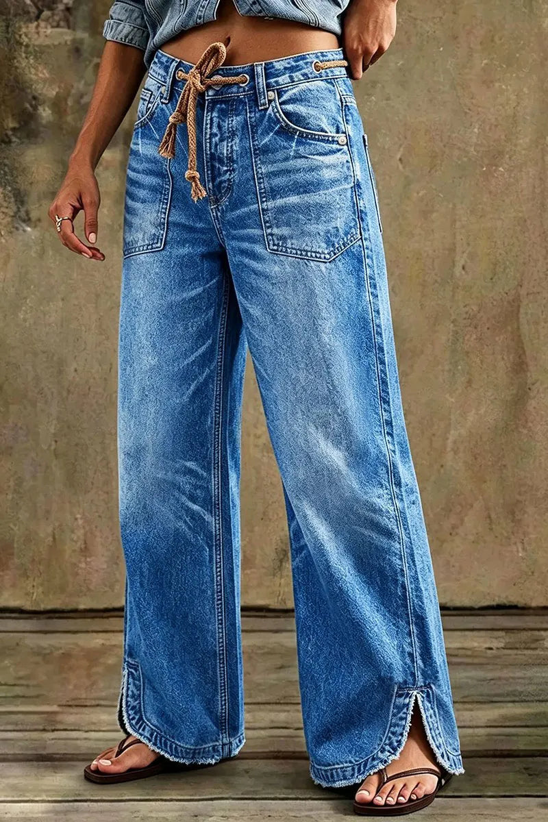Drawstring Raw Hem Split Mid Waist Wide Leg Jeans