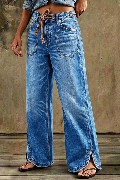 Drawstring Raw Hem Split Mid Waist Wide Leg Jeans