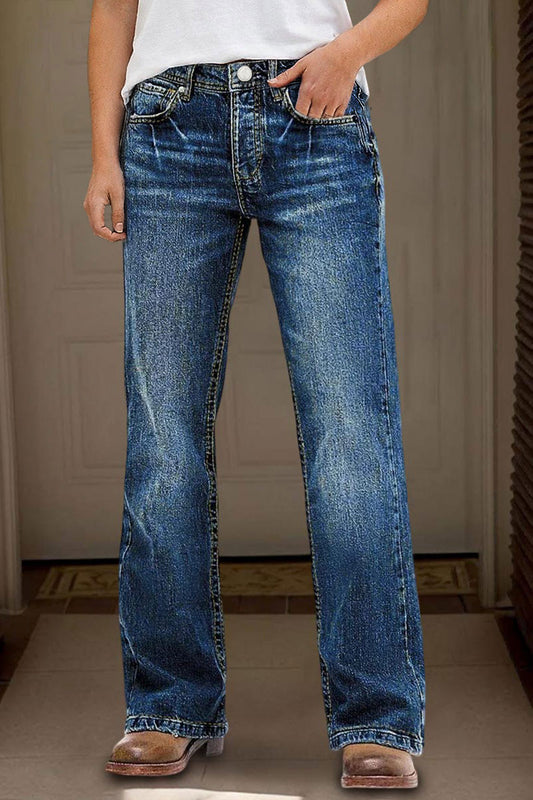 Wash Mid Rise Straight Leg Jeans