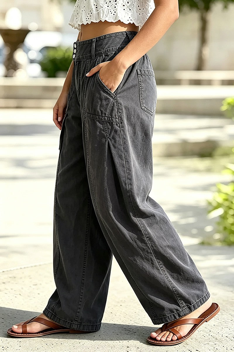 Solid Stitch Detail Pleated Barrel Leg Mid Waist Pants