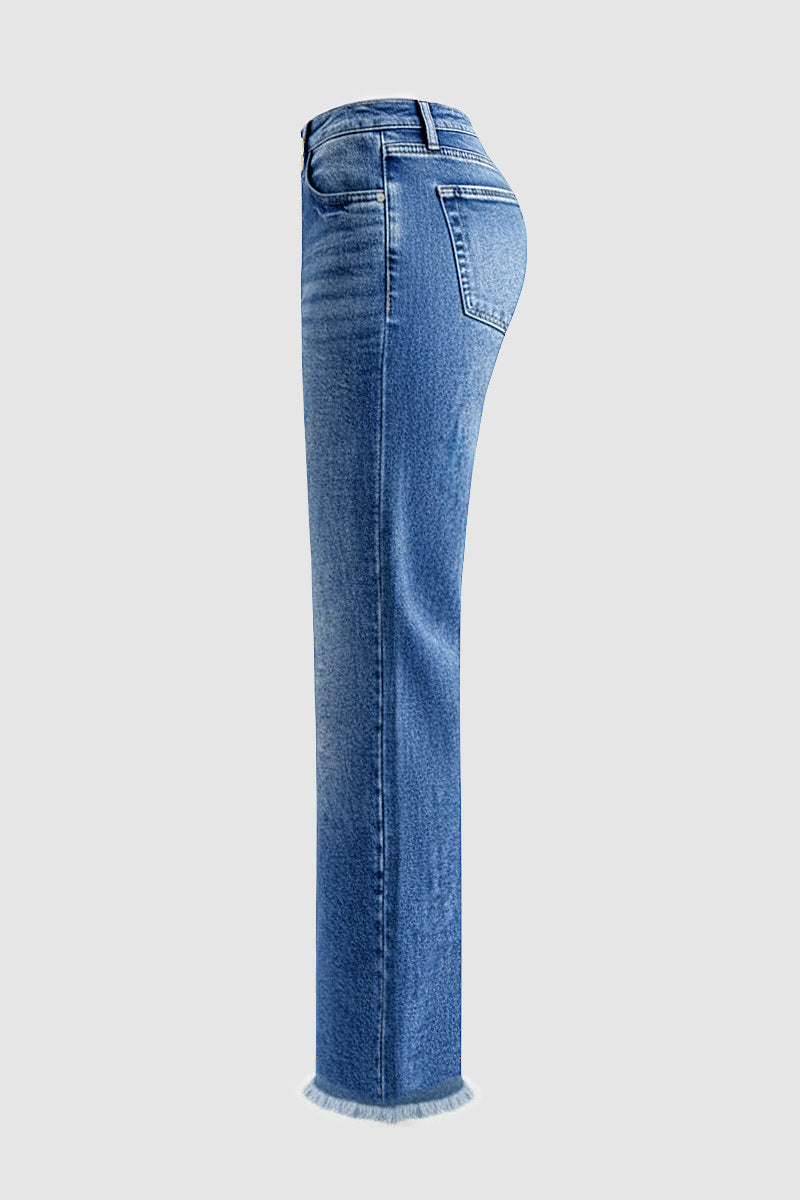 Raw Hem Mid Waist Straight Leg Jeans