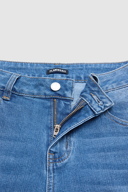 Wash Ripped Roll Hem Mid Rise Straight Leg Crop Jeans