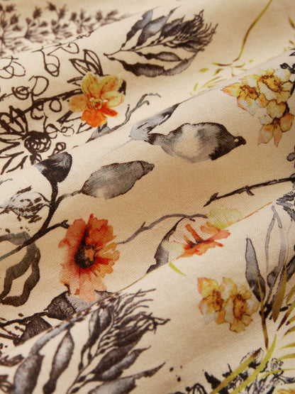 Robe longue en lin, Manches mi-longues, Col en V, Fleurie, Vintage, Été