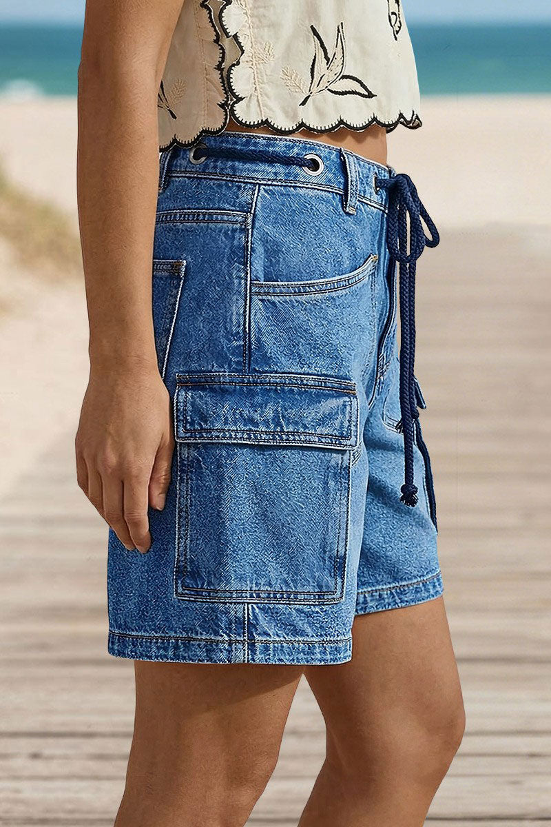 Wash Flap Pocket Drawstring High Rise Mid Thigh Denim Shorts