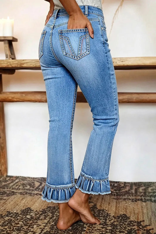 Raw Hem Ruffle Mid Waist Straight Leg Cropped Jeans
