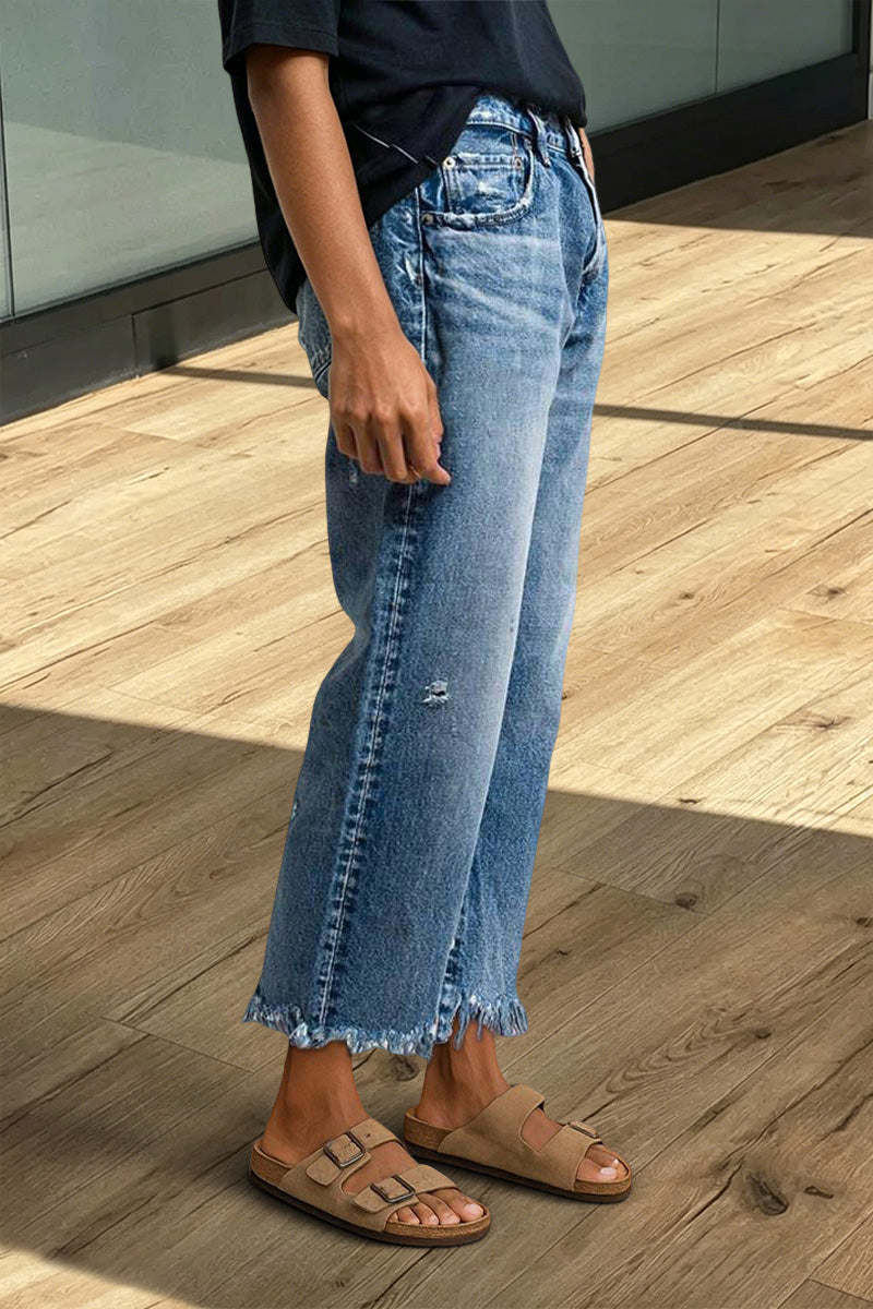 Wash Raw Hem Ripped Mid Rise Crop Straight Leg Jeans