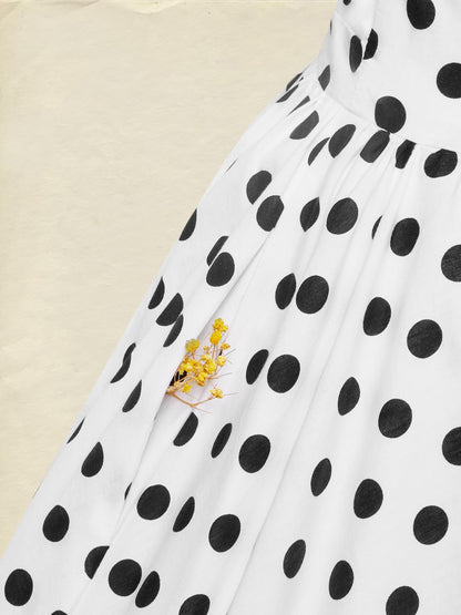 Robe longue en coton, sans manches, col carré, à pois, bretelles, vintage, blanche