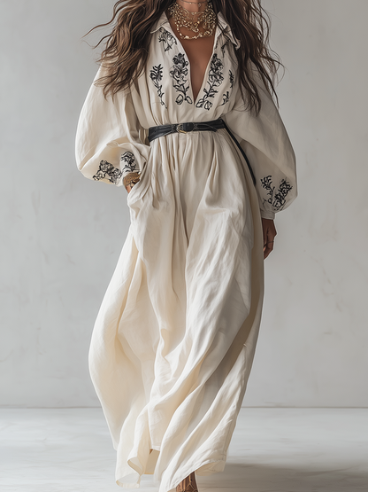 Robe longue chemise en lin crème brodée à manches bouffantes