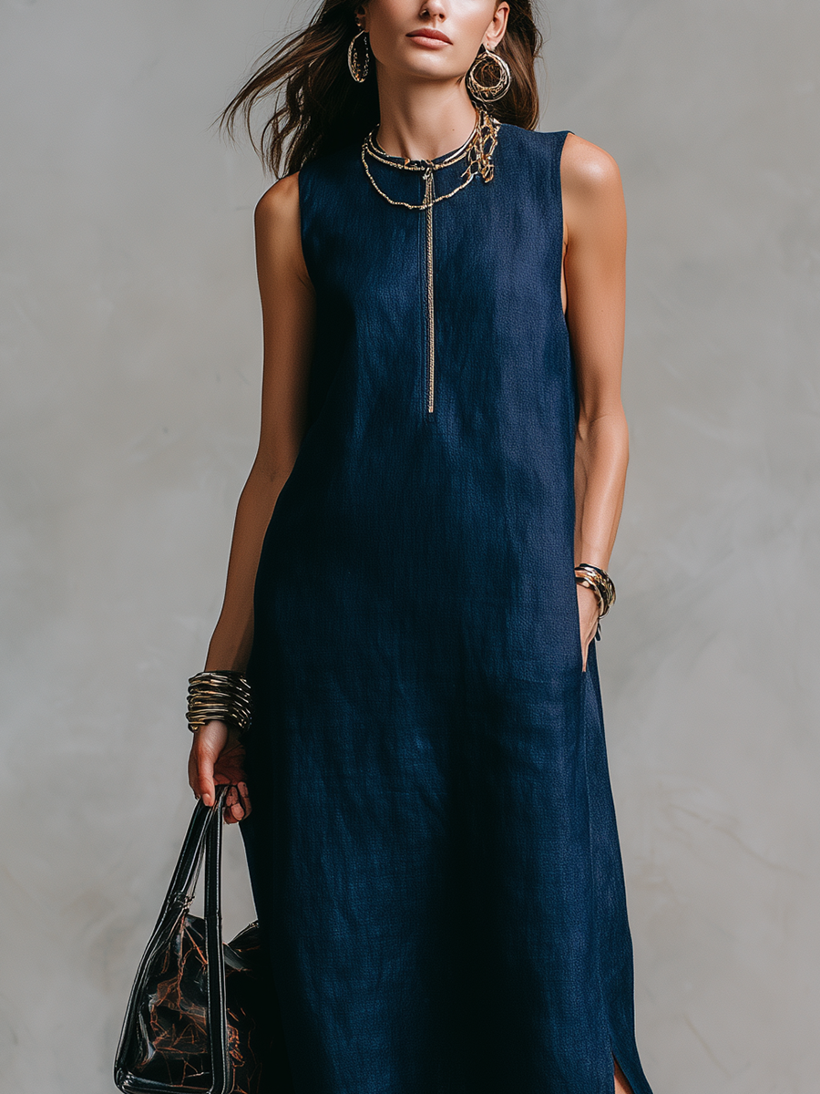 Robe longue décontractée en lin bleu nuit avec fermeture éclair