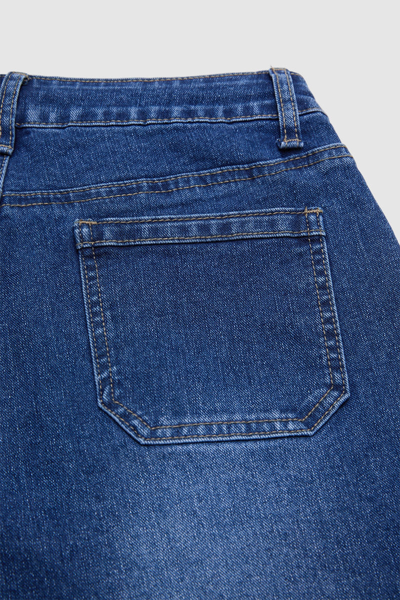 Wash Patch Pocket Drawstring High Rise Mid Thigh Denim Shorts