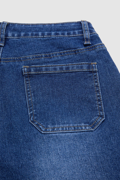 Wash Patch Pocket Drawstring High Rise Mid Thigh Denim Shorts