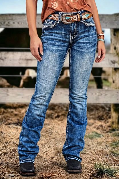 Wash Stitch Detail Mid Waist Bootcut Jeans Without Belt