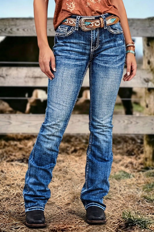 Wash Stitch Detail Mid Waist Bootcut Jeans Without Belt