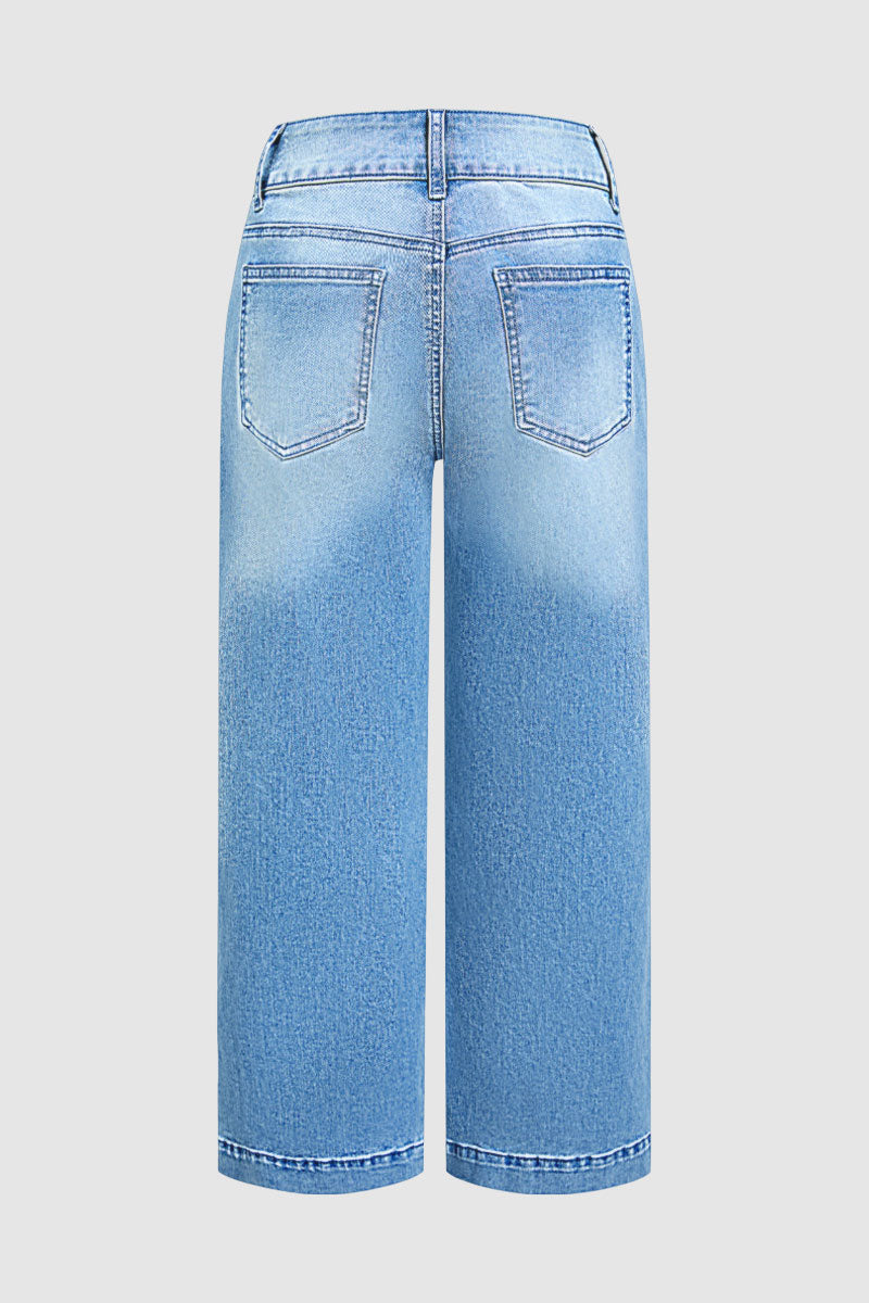 Wash Side Split Ripped Detail Mid Waist Wide Leg Cropped Jeans