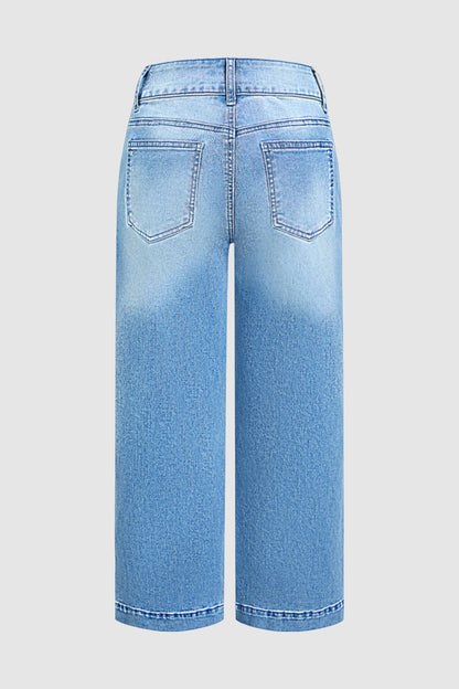Wash Side Split Ripped Detail Mid Waist Wide Leg Cropped Jeans