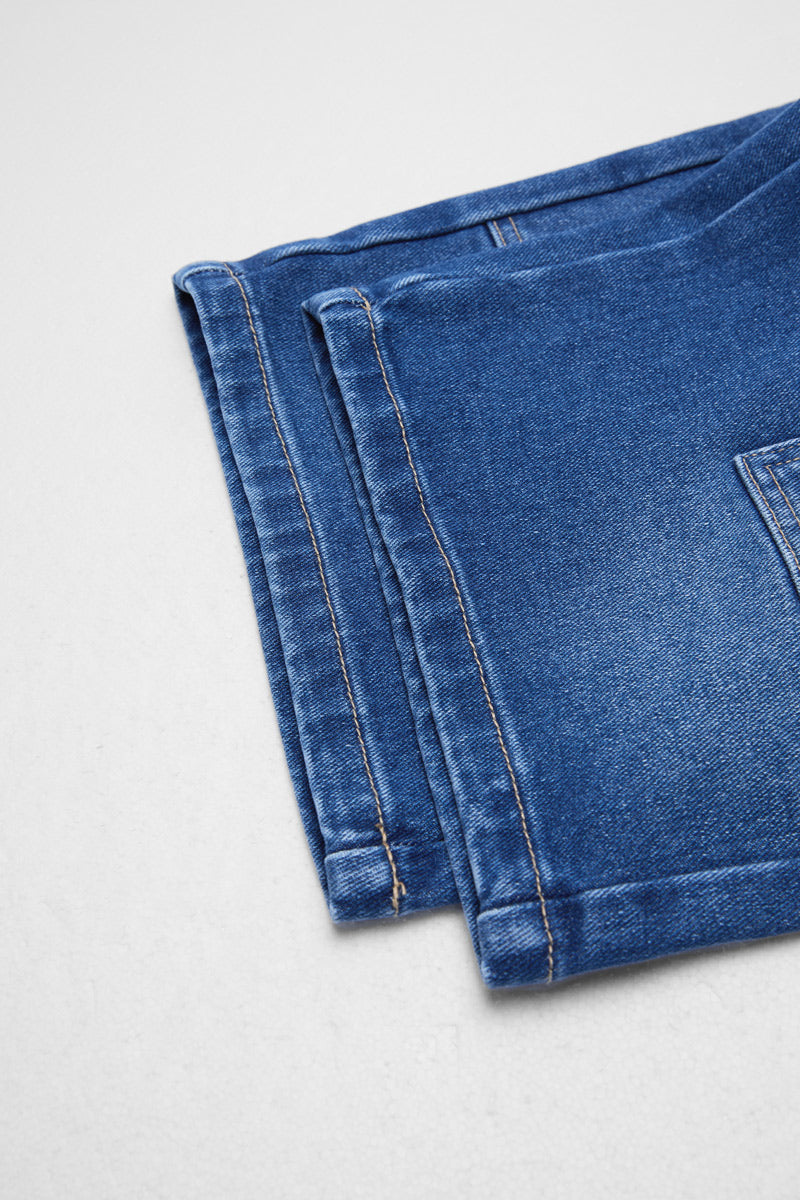 Wash Flap Pocket Drawstring Mid Rise Denim Bermuda Shorts