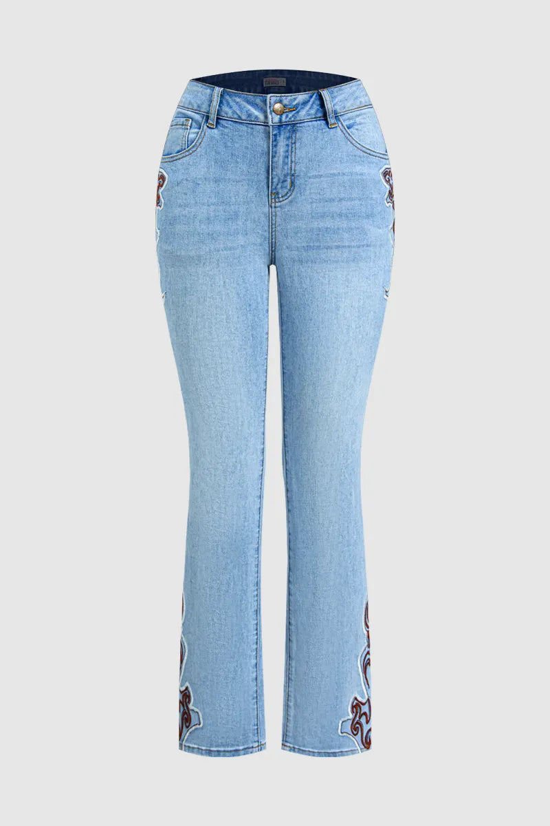 Wash Baroque Embroidery Side Mid Waist Bootcut Jeans