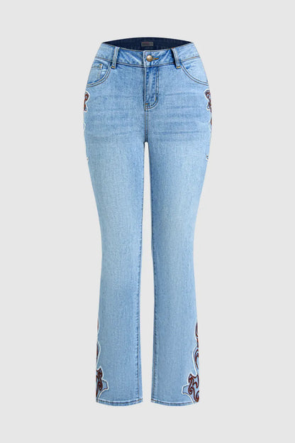 Wash Baroque Embroidery Side Mid Waist Bootcut Jeans