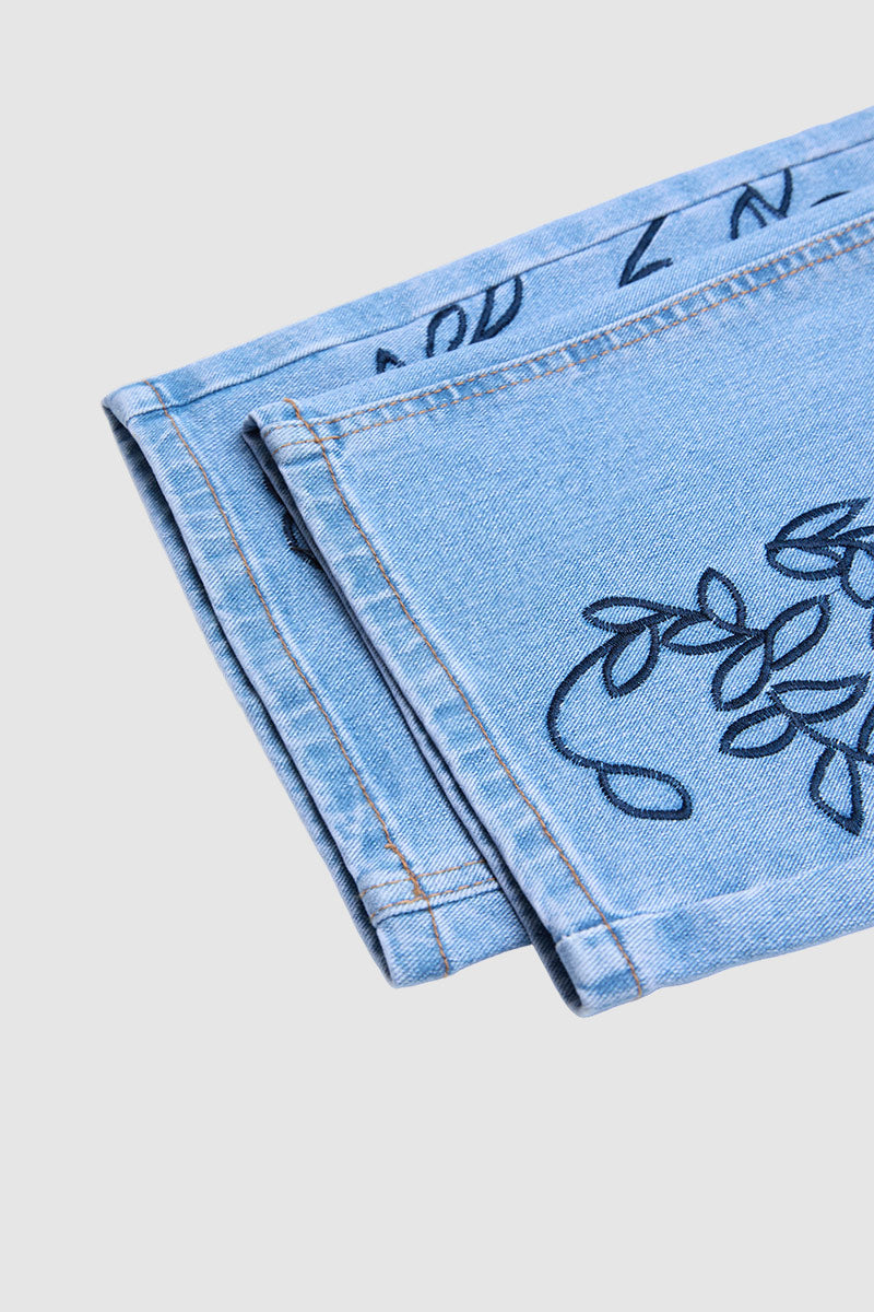 Wash Plant Embroidery Mid Waist Barrel Leg  Jeans