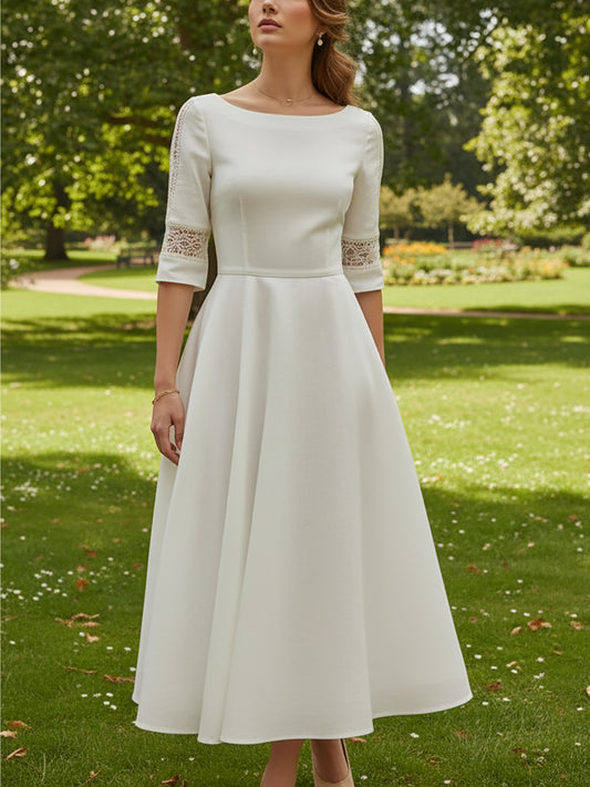 Robe midi en lin, manches courtes, col rond, unie, dentelle, vacances, vintage, blanche