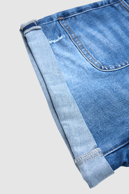 Wash Ripped Roll Hem Drawstring Mid Rise Denim Shorts