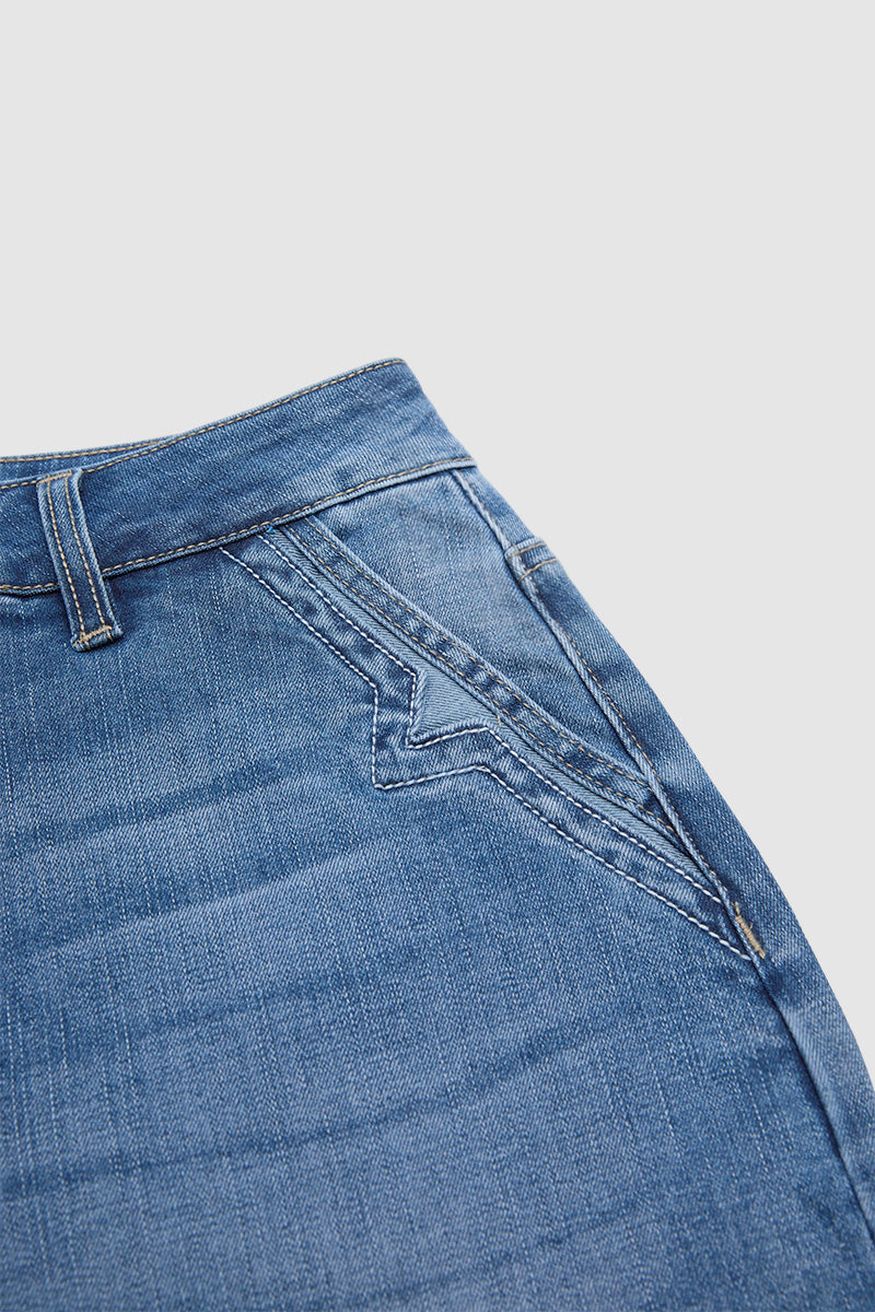 Wash Stitch Detail Mid Waist Wide Leg Capri Jeans Without Belt