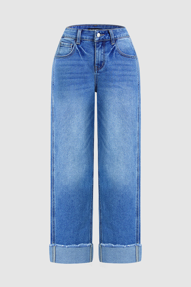Wash Seam Front Roll Raw Hem Mid Rise Straight Leg Crop Jeans Without Belt