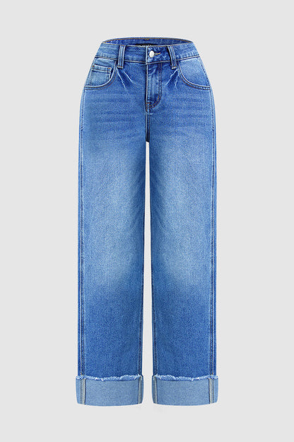 Wash Seam Front Roll Raw Hem Mid Rise Straight Leg Crop Jeans Without Belt