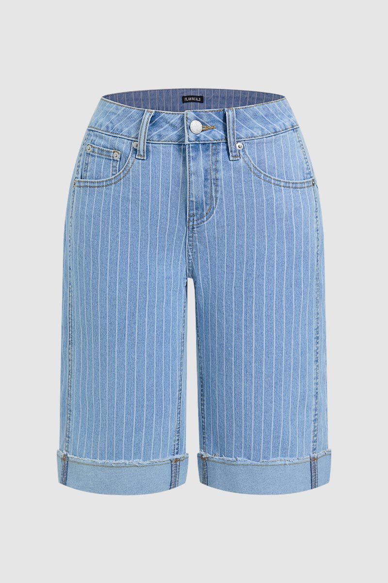 Pinstriped Raw Hem Seam Detail High Waist Denim Bermuda Shorts Without Belt