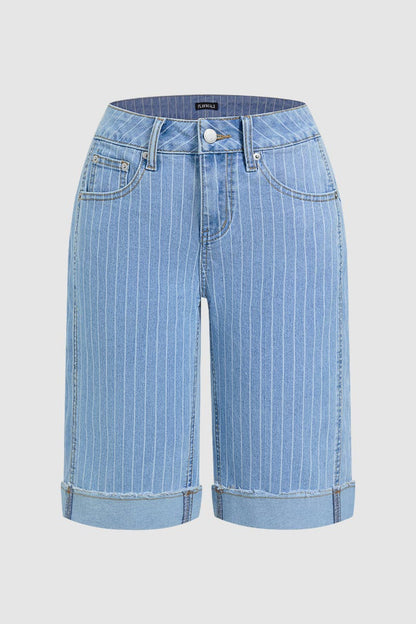 Pinstriped Raw Hem Seam Detail High Waist Denim Bermuda Shorts Without Belt