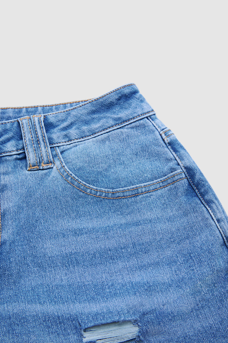 Wash Front Button Ripped Mid Waist Barrel Leg Crop Jeans Without Belt