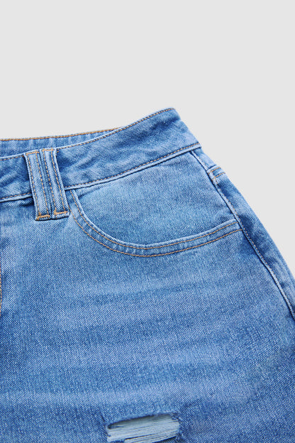 Wash Front Button Ripped Mid Waist Barrel Leg Crop Jeans Without Belt