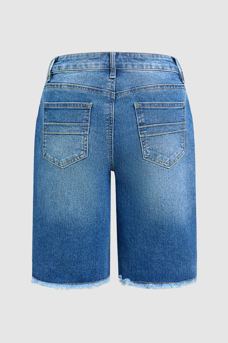 Wash Raw Hem Mid Rise Denim Bermuda Shorts