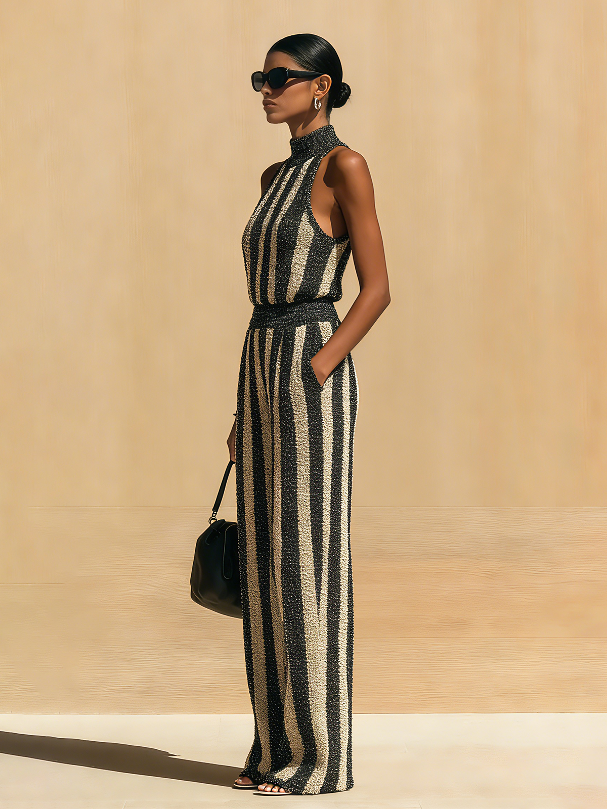 Chic Elegant Black-Beige Striped Mock-Neck Sleeveless Slim Fit Wide-Leg Ribbed Knit Jumpsuit