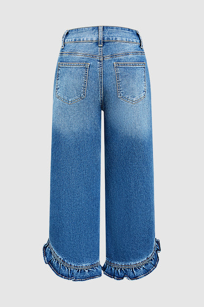 Wash Ruffle Split Hem High Waist Wide Leg Jeans Without Belt