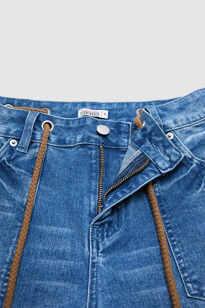 Drawstring Raw Hem Split Mid Waist Wide Leg Jeans