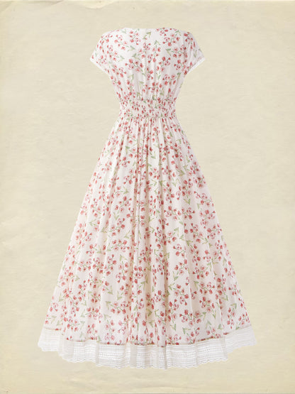 Robe longue en lin, manches courtes, col en dentelle, motif floral, style vintage, couleur blanche (TAILLE:XS-XXL)