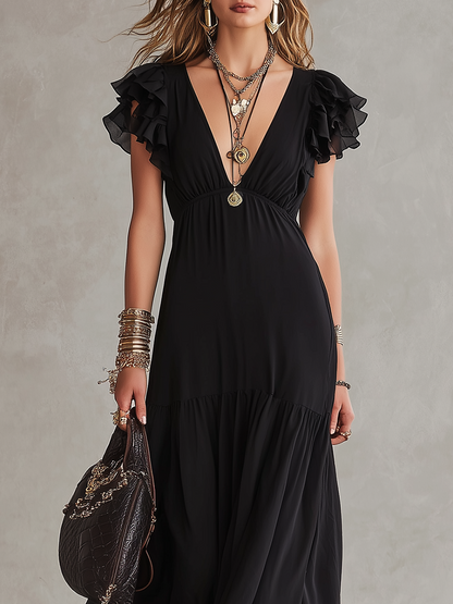 Robe longue noire bohème à manches volantées