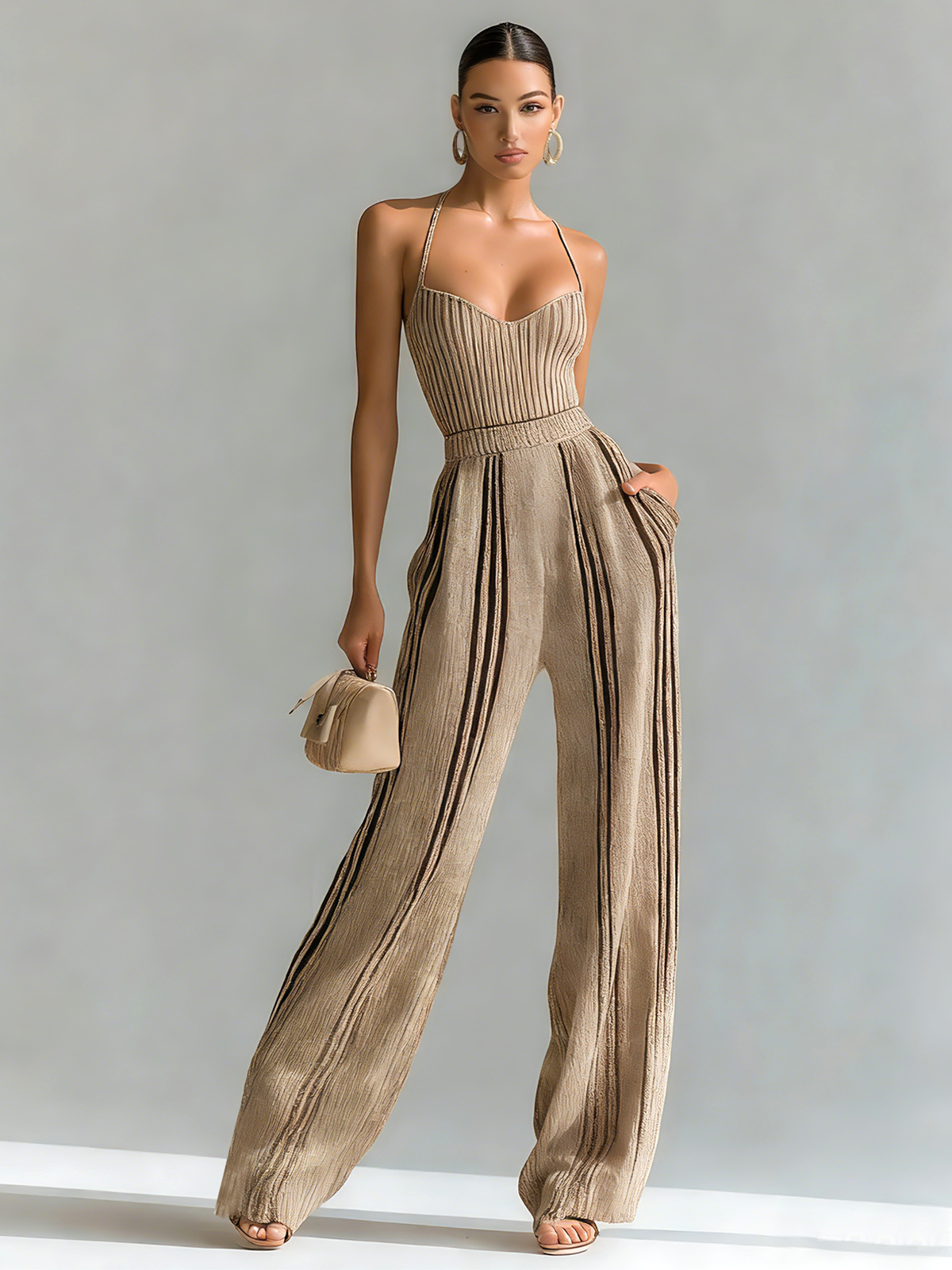 Chic Elegant Beige Slim Fit Sleeveless Camisole Stripes Waist Wide-Leg Pants Knit Two-Piece Set