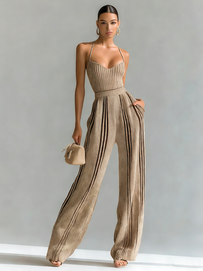 Chic Elegant Beige Slim Fit Sleeveless Camisole Stripes Waist Wide-Leg Pants Knit Two-Piece Set